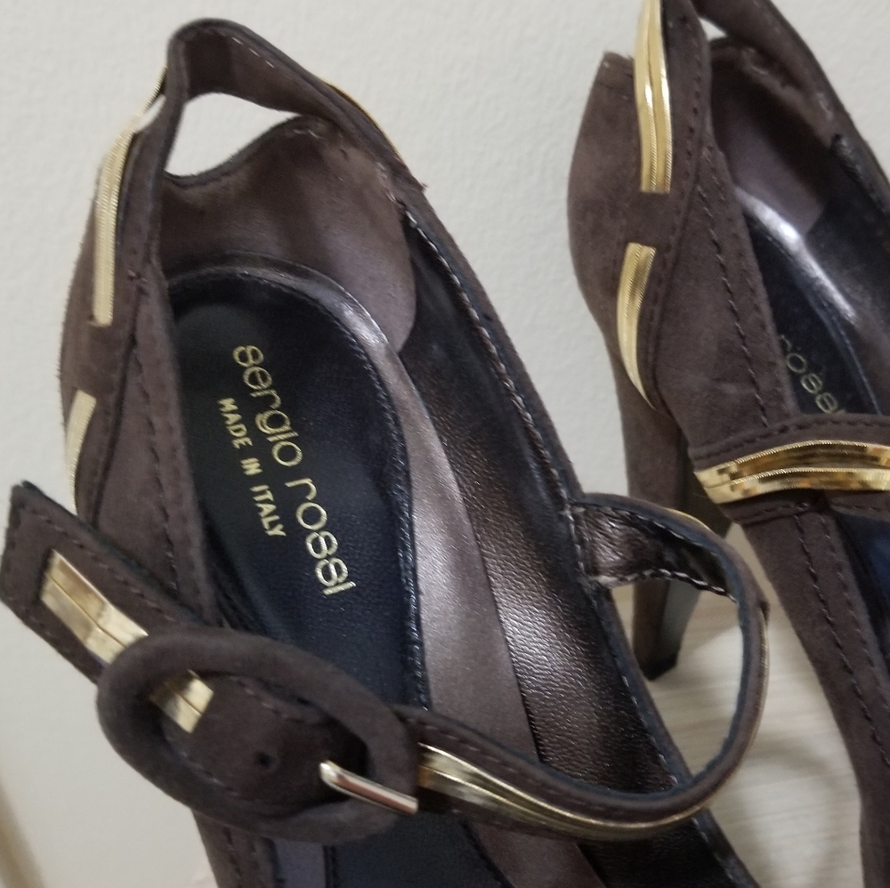 Sergio Rossi Brown Suede Platform Pump Gold Chain - Picture 7 of 10